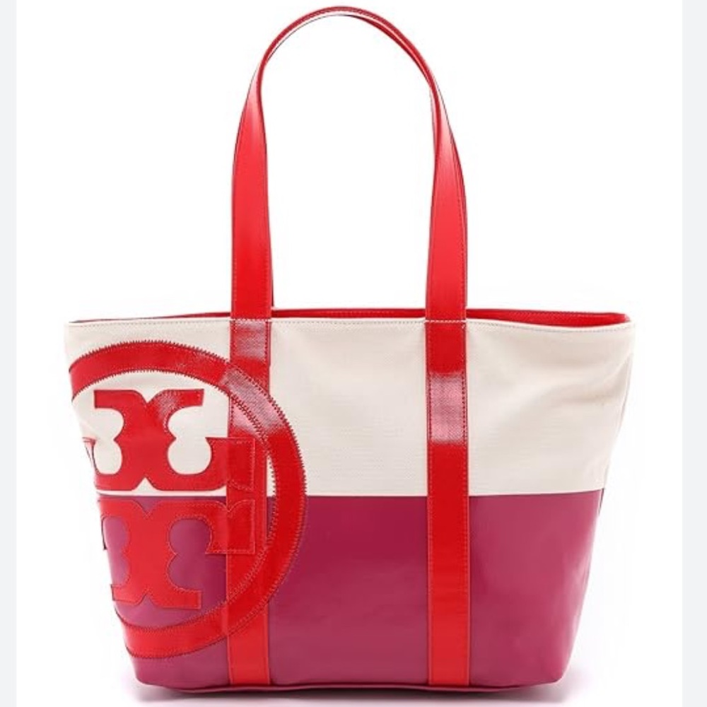 Tory Burch BEACH Red and Pink Colorblock Gorgeous Tote - Picture 4 of 15